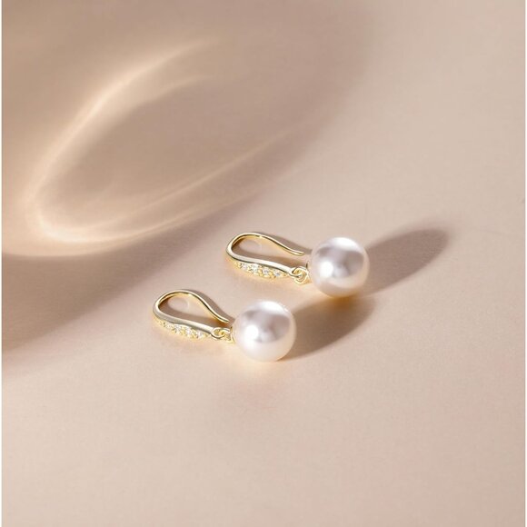 Women's Sterling Silver 925 CZ Simulated White Pearl Drop Earrings Jewelry - Picture 3 of 6